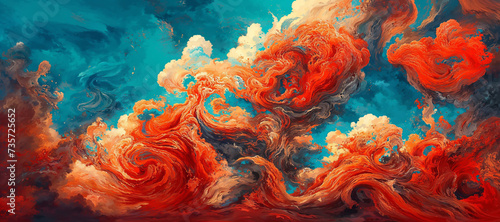 Abstract fiery red and vibrant orange sunset clouds in a turbulent swirl against a blue sky painterly art background.  photo