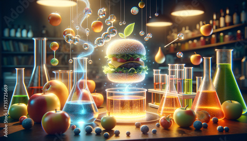Futuristic food experiment: Levitating, glowing burger in a magical kitchen-lab.