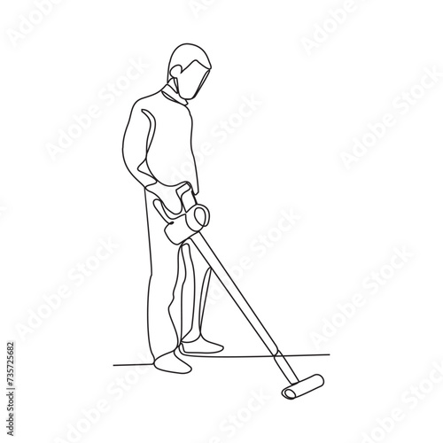One continuous line drawing of People with housekeeping work activity vector illustration.  tasks such as sweeping, vacuuming, mopping, dusting, wiping down surfaces, and taking out the trash.