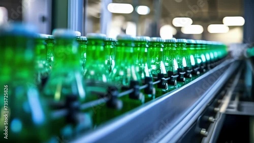 An upclose shot of a beverage container moving down the conveyor belt is seen. The container is about to be filled with carbonated drinks. photo