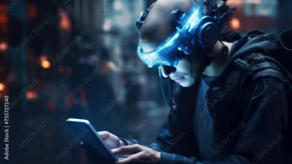 A glowing cybereye embedded on a person’s forehead while they manipulate a tablet in their hands and text scrolling in cyberpunk art A glowing cybereye embedded on a person’s forehead while they manipulate a tablet in their hands and text scrolling in cyberpunk art