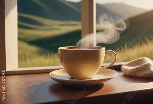 A table with a coffee mug. Sunlight. Beautiful view of the mountains on a sunny day through the window in a private house.