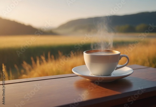 A table with a coffee mug. Sunlight. Beautiful view of the mountains on a sunny day through the window in a private house.