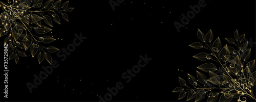 Golden Line art botany banner. Japanese style Hand drawn vector. Line art style design. Concept traditional Asian Card with space for text wedding, invitation, template card Golden frames.