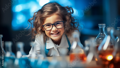 A young girl radiates excitement as she engages in a chemistry experiment. Joy of learning and discovery in chemistry experiment. Generative AI.