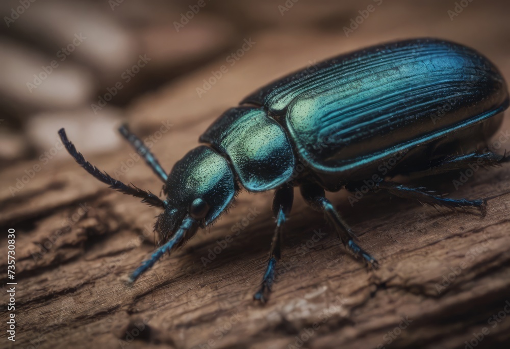 Close-up of a shiny blue beetle on a wooden surface in a forest with a blurred background Close-up of a shiny blue beetle on a wooden surface in a forest with a blurred background