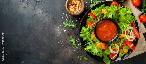 Fresh and Delicious Tomato, Lettuce, and Sauce Salad on a Plate for Healthy Eating and Dining Out © AkuAku