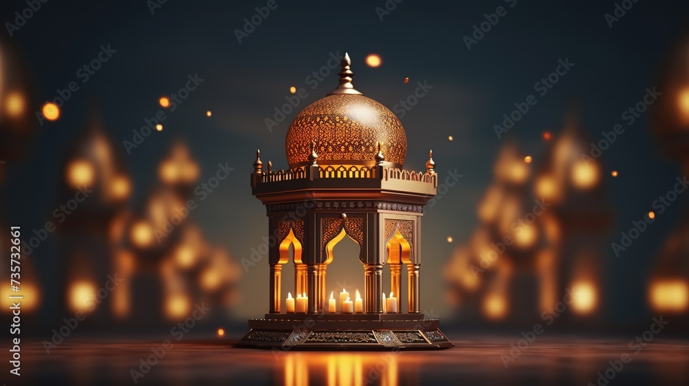 Ornamental arabic lantern with burning candle glowing at night. muslim holy month ramadan kareem ai generated - obrazy, fototapety, plakaty 