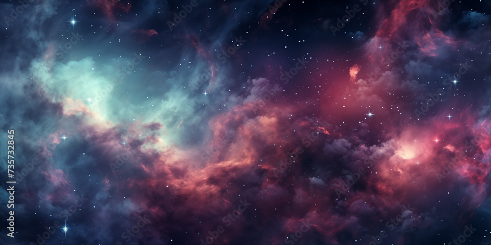 Naklejka premium Cosmic Kaleidoscope: Vibrant Space Galaxy Cloud Nebula Amidst a Starry Night Cosmos - A Supernova Background Wallpaper for Universe Science and Astronomy Enthusiasts