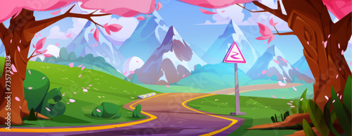 Serpentine asphalt road with warning sign on roadside leading to high rocky mountains at spring. Cartoon vector landscape with roadway surrounded by pink flowering trees and green grass, stone hills.