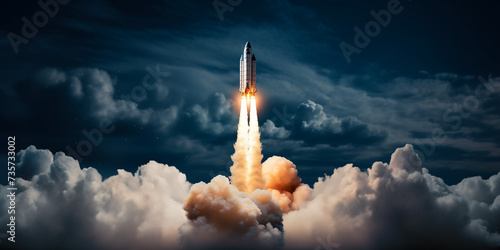Elevated Aspirations: Rocket Soars Upward, Leaving Trails of Smoke Amidst a Darkened Sky