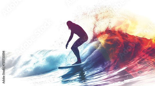 Watercolor Surfer Riding Vibrant Ocean Wave