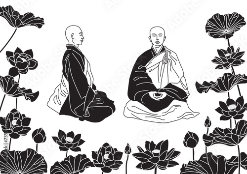 座禅するお坊さんの正面側面　モノクロイラスト