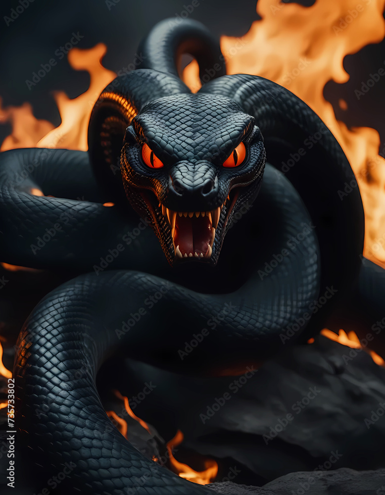 Obraz premium Black demonic snake against a background of fire