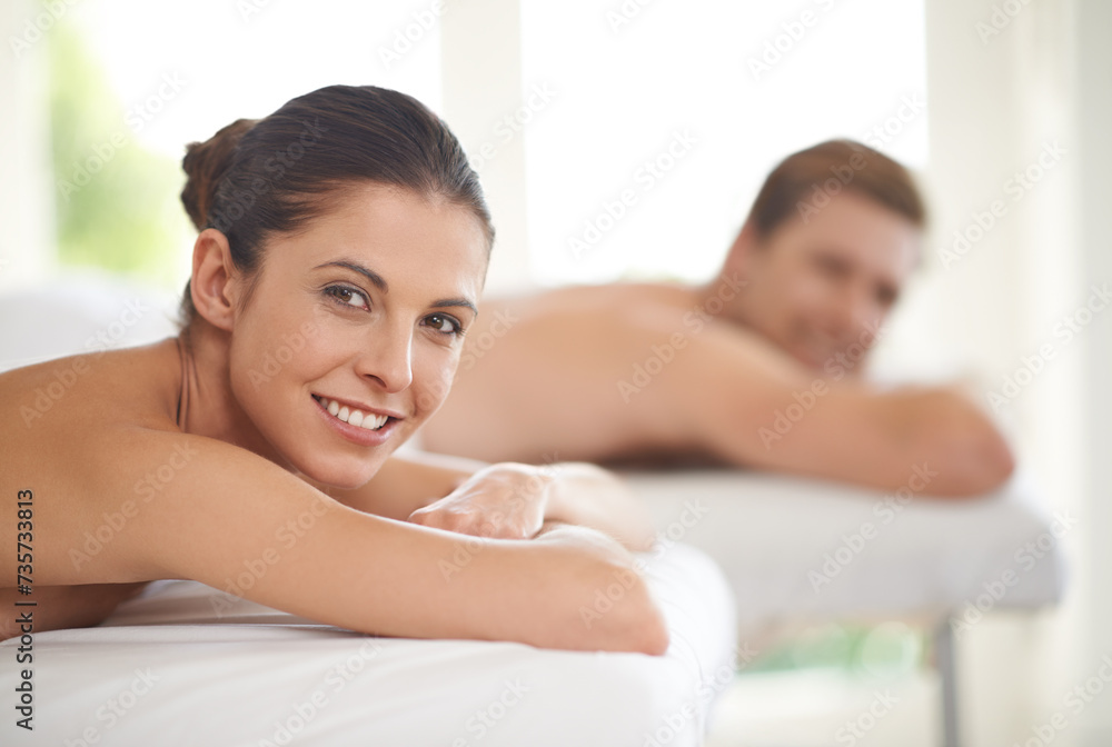 Happy, portrait and couple on table in spa to relax with luxury treatment for wellness on holiday or vacation. Beauty, care and people together in hotel or resort for healthy facial or skincare Happy, portrait and couple on table in spa to relax with luxury treatment for wellness on holiday or vacation. Beauty, care and people together in hotel or resort for healthy facial or skincare