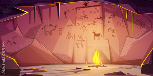 Prehistoric cave with caveman primitive painting on stone walls and fire. Cartoon vector neanderthal tribe dungeon. Aboriginal dwelling in underground rock cavern with ancient drawings and campfire. photo