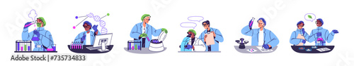 Scientists research in chemical laboratory. Pharmacy workers discover remedy with medical equipment. Doctors study, do clinical tests with microscope. Scince flat isolated vector illustration on white