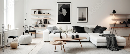 A minimalist Scandinavian living room with a black and white color palette, showcasing statement furniture pieces and a gallery wall of contemporary art.