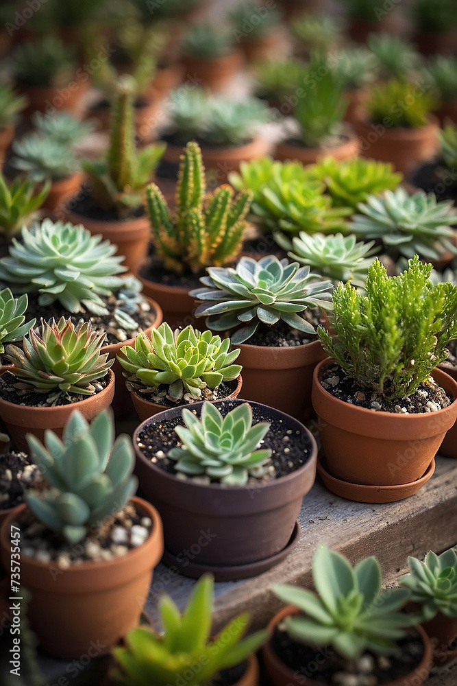 Rows of small potted plants Rows of small potted plants