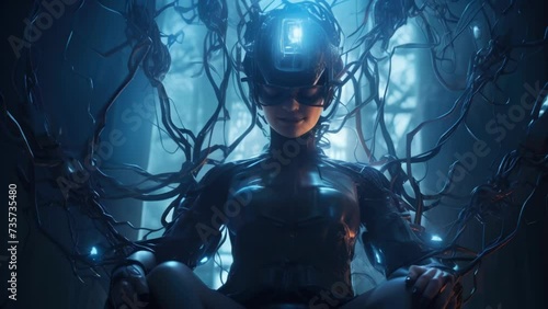 A fullbody photo of a cybernetic human with wires connecting its limbs directly to a visual cortex allowing it to access cyberpunk art photo
