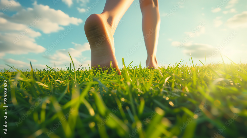 pair of feet walking barefoot on grass, concept for grounding or earthing therapy pair of feet walking barefoot on grass, concept for grounding or earthing therapy