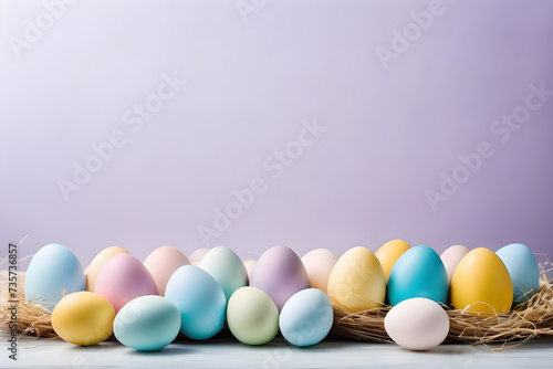 Easter template, colorful eggs, simple background, copy space, blank. Generative AI