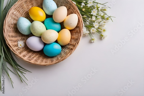 Easter template, colorful eggs, simple background, copy space, blank. Generative AI