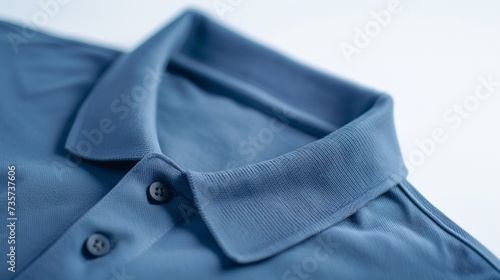 An immaculately presented blue polo t-shirt, side angle, showcasing the sleeve detail on a spotless white background