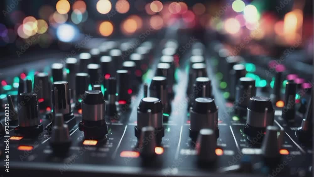 close-up of an audio mixer with a background of bokeh lights, suitable for entertainment needs close-up of an audio mixer with a background of bokeh lights, suitable for entertainment needs