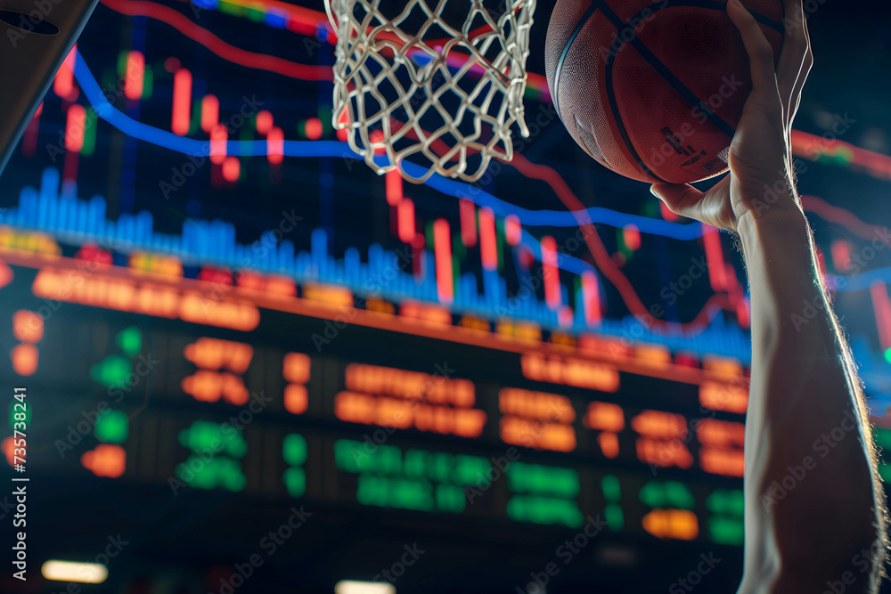 Fototapeta premium hand of a basketball player shooting a basketball with stock market background, investing or trading in stock or currency market concept, investing is like playing sports