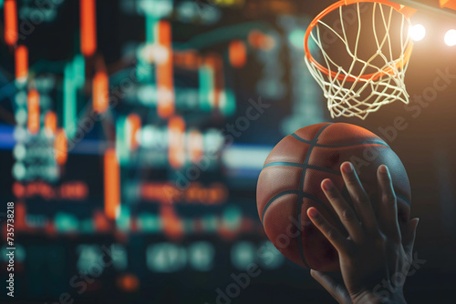 hand of a basketball player shooting a basketball with stock market background, investing or trading in stock or currency market concept, investing is like playing sports © Slowlifetrader