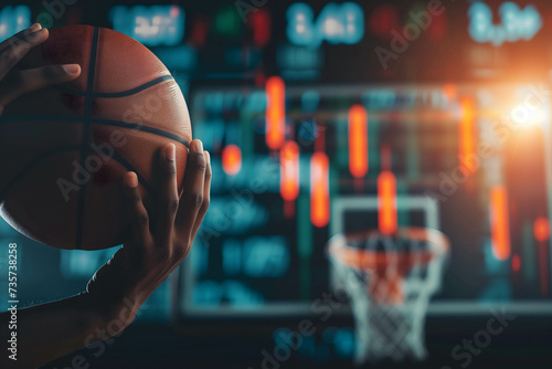 hand of a basketball player shooting a basketball with stock market background  investing or trading in stock or currency market concept  investing is like playing sports