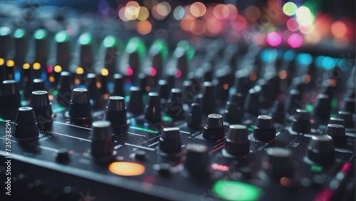 close-up of an audio mixer with a background of bokeh lights, suitable for entertainment needs photo