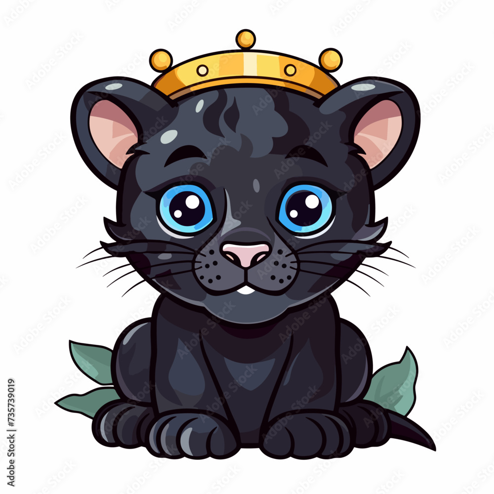 Fototapeta premium Cute cartoon Black panther with crown and leaves. Vector illustration of a wild animal.