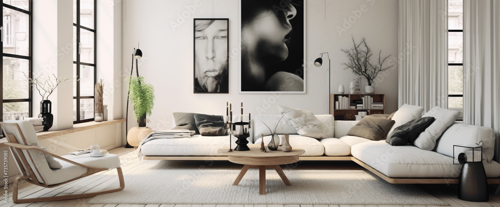A minimalist Scandinavian living room with a black and white color palette, showcasing statement furniture pieces and a gallery wall of contemporary art. - obrazy, fototapety, plakaty 