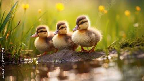A group of small fluffy ducklings in a green meadow with flowers.