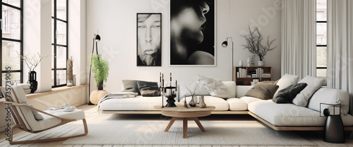 A minimalist Scandinavian living room with a black and white color palette, showcasing statement furniture pieces and a gallery wall of contemporary art. photo