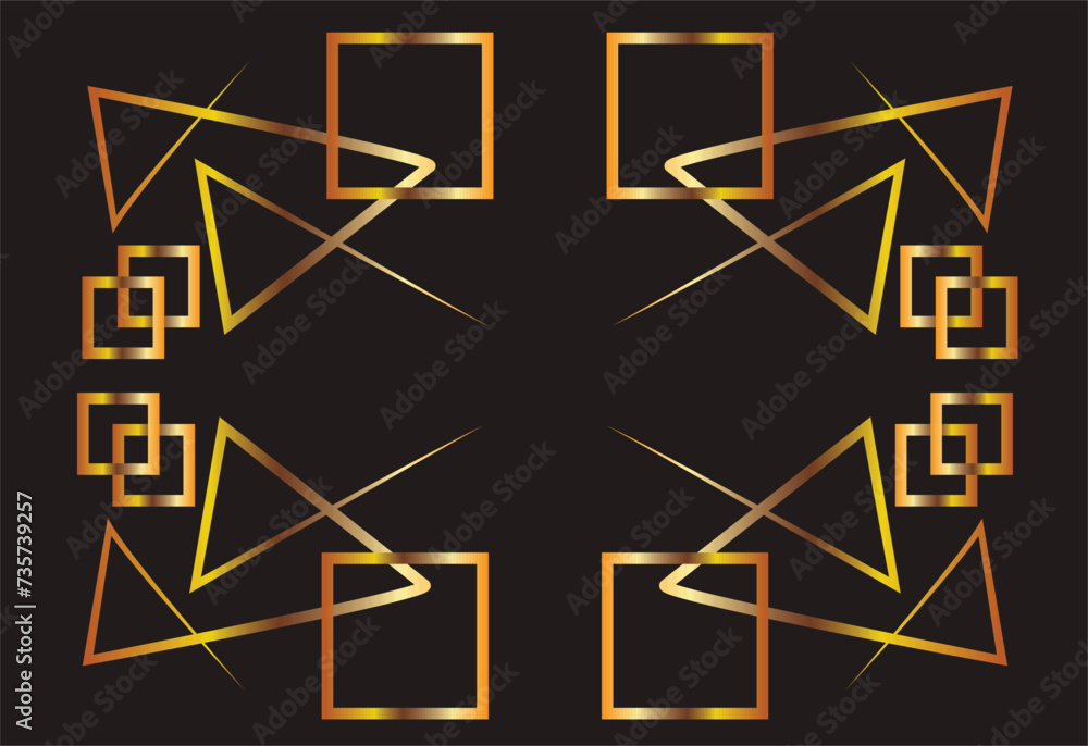 Beautiful frame of geometric shapes. Triangle, square. Gold illustration on a black background with space for an inscription. Printing on fabric. Postcard with space for an inscription. .Vector.