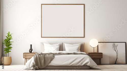 A minimalistic bedroom setup with a blank white empty frame, showcasing a captivating, abstract line drawing that adds a touch of elegance.