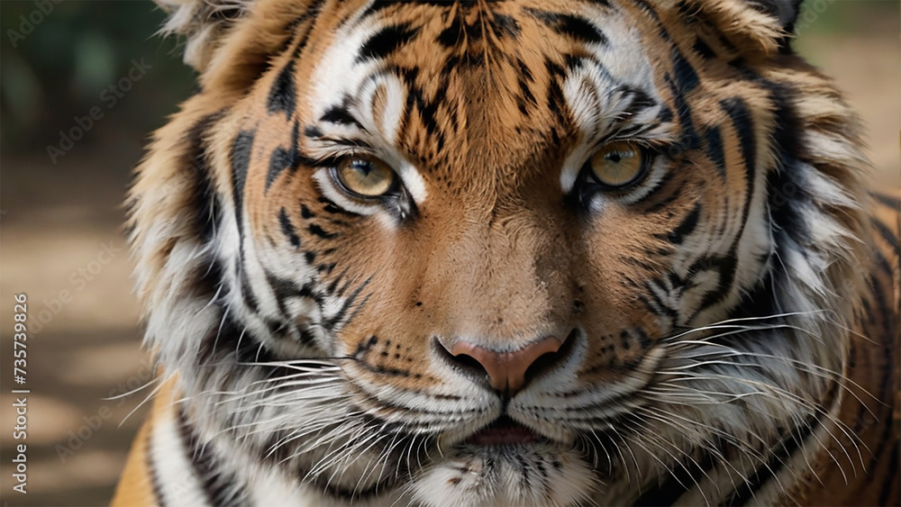 Detail a captivating Majestic Tiger Portrait, emphasizing intense eyes and distinctive stripes. Utilize natural light to heighten the tiger's majestic presence in its habitat. AI Generated.