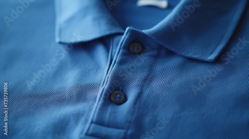 A zoomed-in view of the hem of a blue polo t-shirt, highlighting the quality of fabric, against a white background