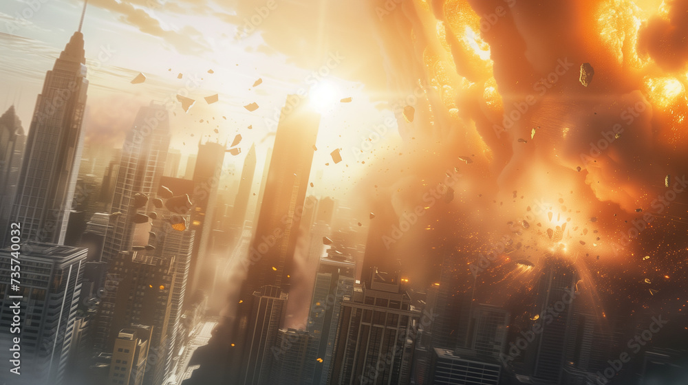 Obraz premium Cataclysmic hit of a big city by a meteor. AI generated