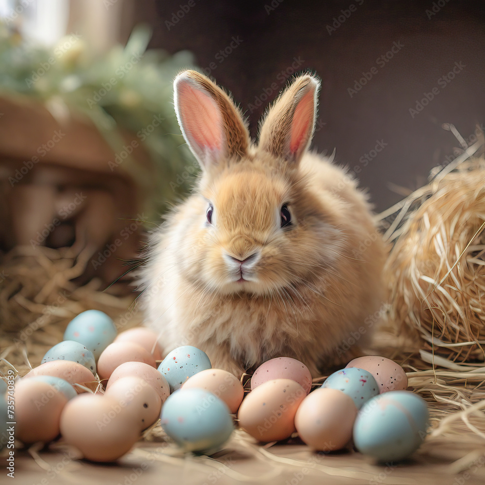 Little fluffy bunny looks at the camera while sitting next to colorful Easter eggs. Pet care concept, spring break, Easter Little fluffy bunny looks at the camera while sitting next to colorful Easter eggs. Pet care concept, spring break, Easter