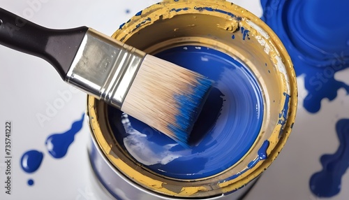 Close-up brush with blue  color lying on paint can.