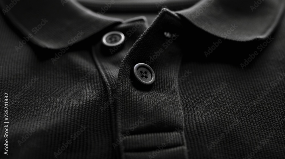 The collar and button detail of a black polo t-shirt, zoomed in to show the texture, isolated on white - obrazy, fototapety, plakaty 
