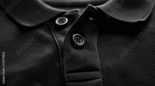 The collar and button detail of a black polo t-shirt, zoomed in to show the texture, isolated on white photo