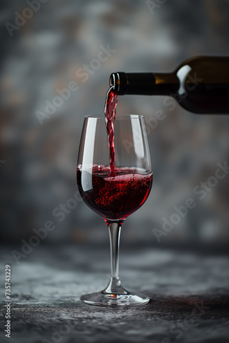 Red wine pours from the bottle into the glass in close-up