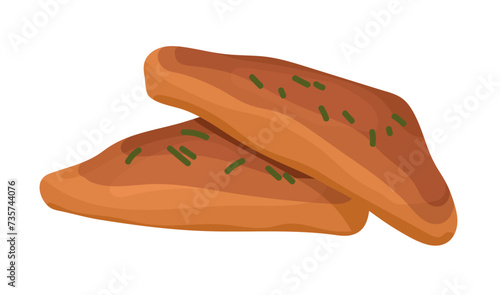 Fresh baked turnover with meat, poultry filling. Puff pastry bakery with triangle form. Tasty dessert. Homemade or convenience food for breakfast. Flat isolated vector illustration on white background