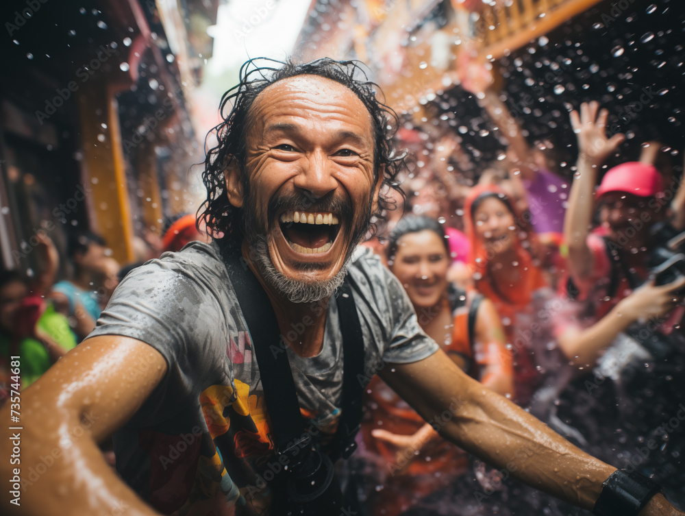 People Joyfully Celebrating the Thai New Year with Squirt Guns, Traditional Festival of Happiness and Water Splashing