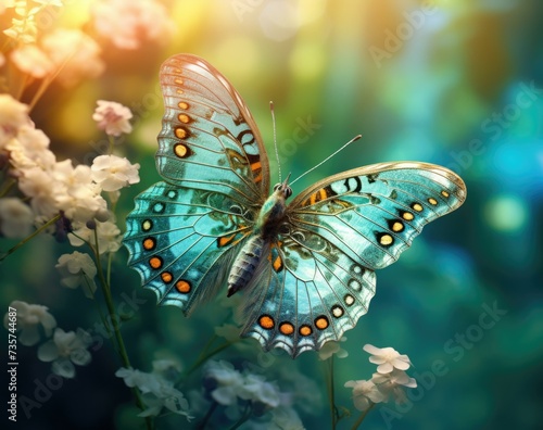 Beautiful butterfly on flowers with sunlight. Generative AI.